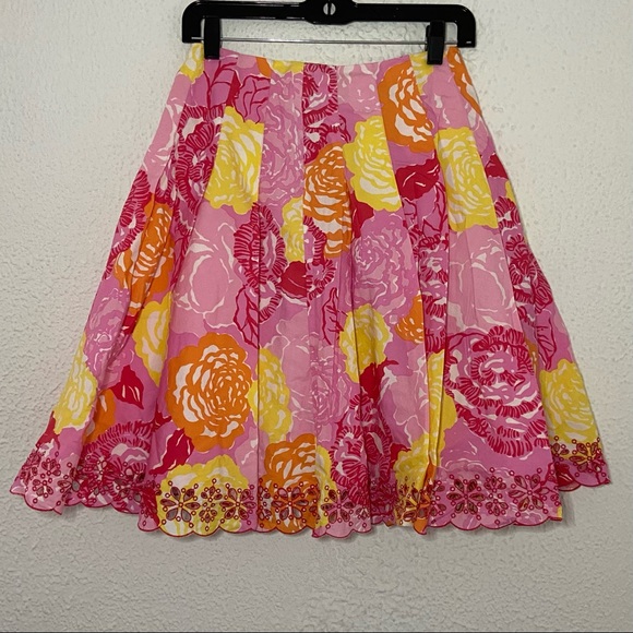 Lilly Pulitzer Ingrid winner’s circle pink floral eyelet hem lined skirt 0 - Picture 1 of 6